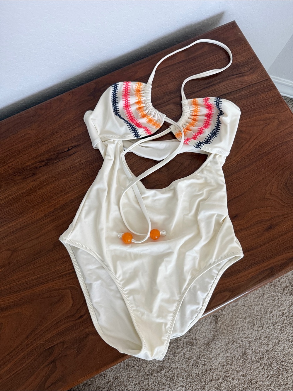 aerie Cream One-Piece Swimsuit with Multicolor Embroidered Top